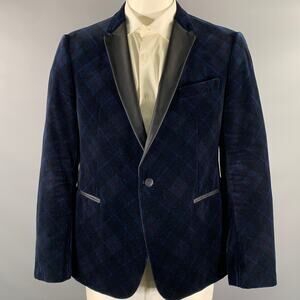 ARMANI COLLEZIONI Size 48 Navy Black Plaid Velvet Tuxedo Sport Coat